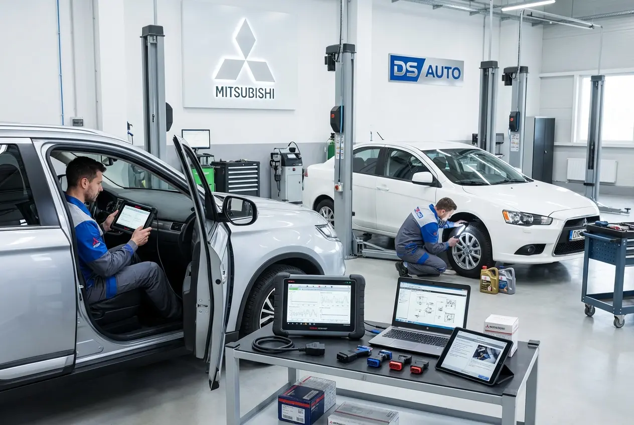Диагностическое оборудование подключено к автомобилю Mitsubishi в автосервисе DS Auto Жуковский
