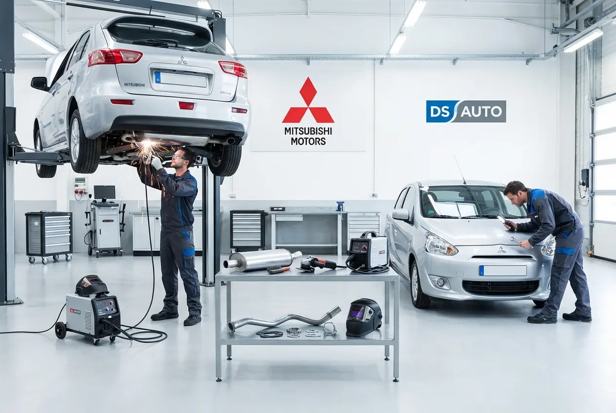 Ремонт глушителя с помощью сварки в автосервисе DS Auto Жуковский – качественное восстановление выхлопной системы Mitsubishi
