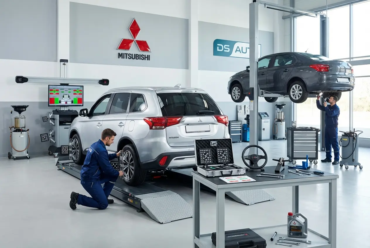 Процесс регулировки развал-схождения колес автомобиля Mitsubishi в автосервисе DS Auto в Жуковском